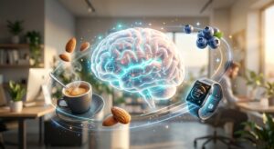 הדמיה של מוח תלת ממדי מואר ופעיל, המוקף בכוס קפה, שקדים, אוכמניות ושעון חכם על רקע משרד, להמחשת תזונה למוח ושיפור הריכוז