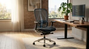 כיסא משרדי ארגונומי שחור עם הדמיית תלת מימד של תמיכה אורטופדית בעמוד השדרה, מוצב במשרד ביתי מודרני.