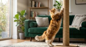 חתול ג'ינג'י ולבן נמתח ומשחיז ציפורניים על עמוד גירוד לחתולים עשוי חבל סיזל, בסלון ביתי מעוצב.