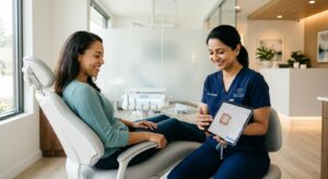 רופאת שיניים מציגה למטופלת הדמיית שיניים דיגיטלית בתלת-ממד על גבי טאבלט במהלך פגישת ייעוץ במרפאה