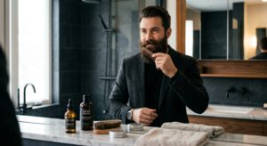 גבר אלגנטי בעל זקן מלא מסרק את זקנו במסרק עץ מול מראה בחדר רחצה מעוצב, כשלפניו מונחים מוצרי טיפוח לזקן ושמן זקן.